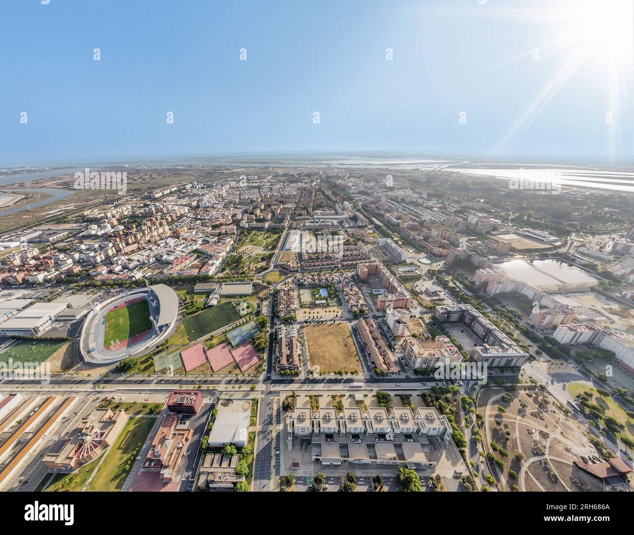 Wide angle panoramic aerial view of Huelva city from the main entrance to the city Stock Photo