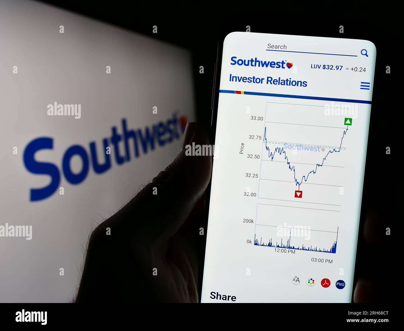 Person holding cellphone with webpage of US airline company Southwest Airlines Co. on screen in front of logo. Focus on center of phone display. Stock Photo