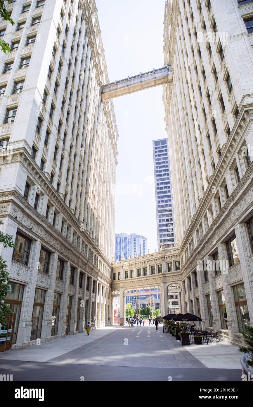 Wrigley Building bridge from the street view, Chicago, Illinois, USA