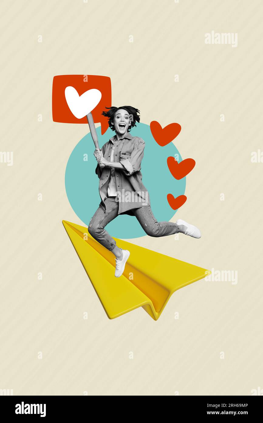 Artwork collage of young active girl jumping with baseball bat kick