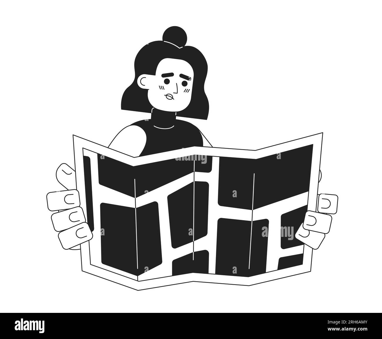 Sad hispanic girl holding map monochromatic flat vector character Stock Vector