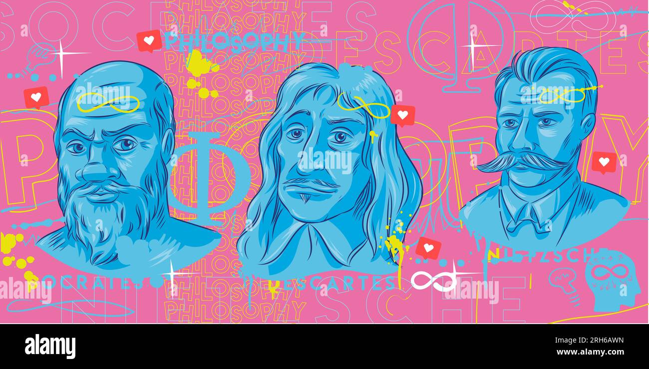 Philosophy background. Hand drawn portrait Socrates, Nietzsche, Descartes. vector illustration Stock Vector
