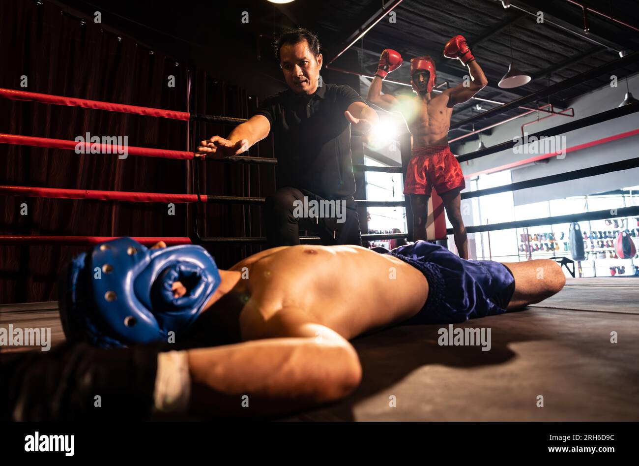 Boxing referee intervene, halting the fight to check fallen competitor