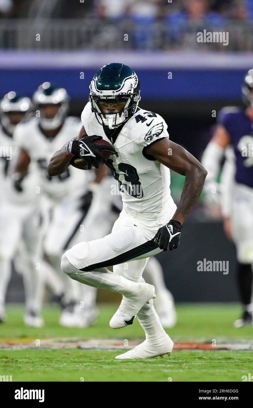 Philadelphia Eagles wide receiver Johnny King runs with the ball after  making a catch during the first half of an NFL preseason football game  against the Baltimore Ravens, Saturday, Aug. 12, 2022,