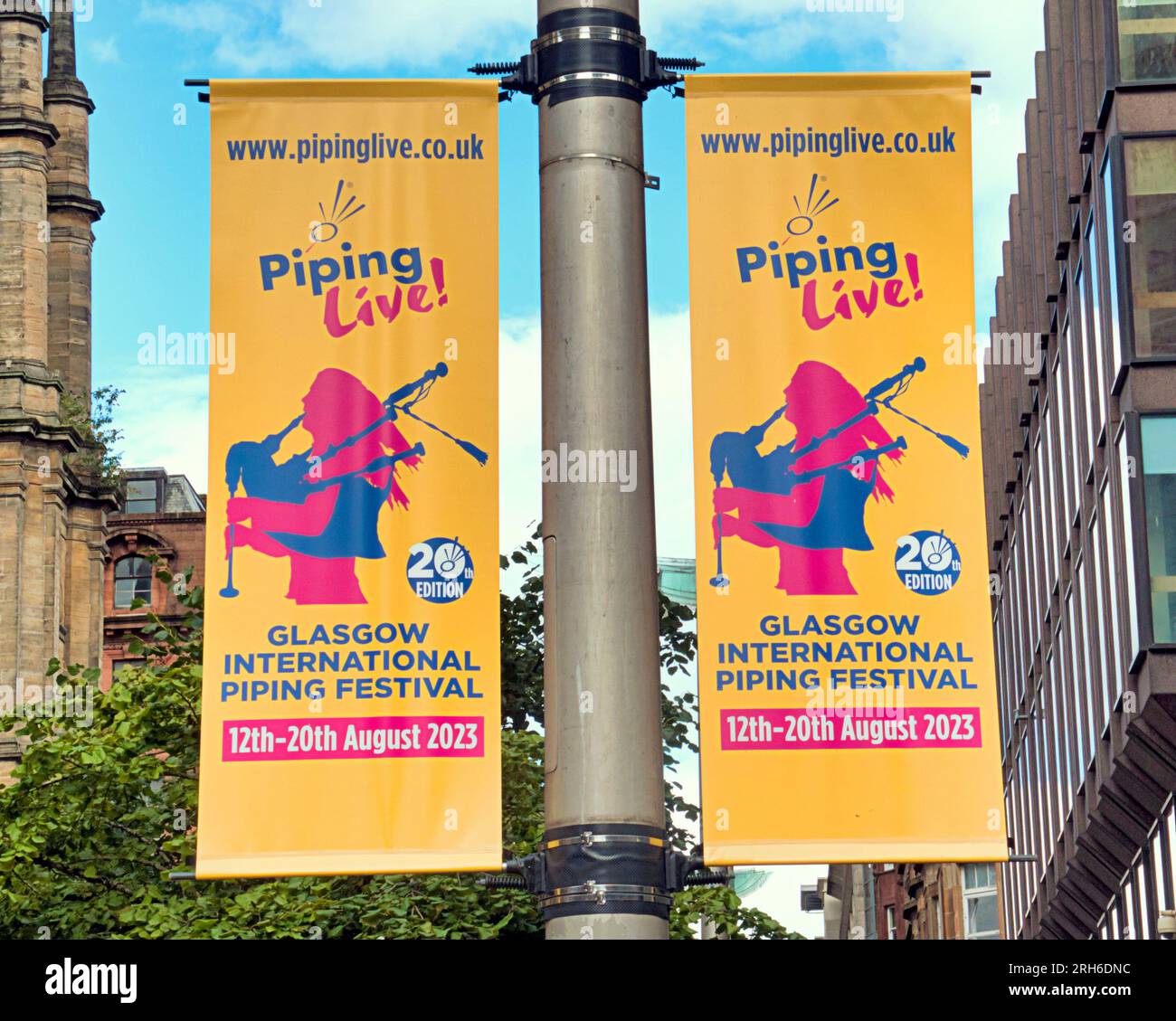 Glasgow, Scotland, UK. 14th  August, 2023.   Piping live hit the city as hundreds of pipe bad musicians swarmed the city centre with the Auckland pipe band from new zealand performing to crowds on buchanan street on the citys style mile.  Credit Gerard Ferry/Alamy Live News Stock Photo