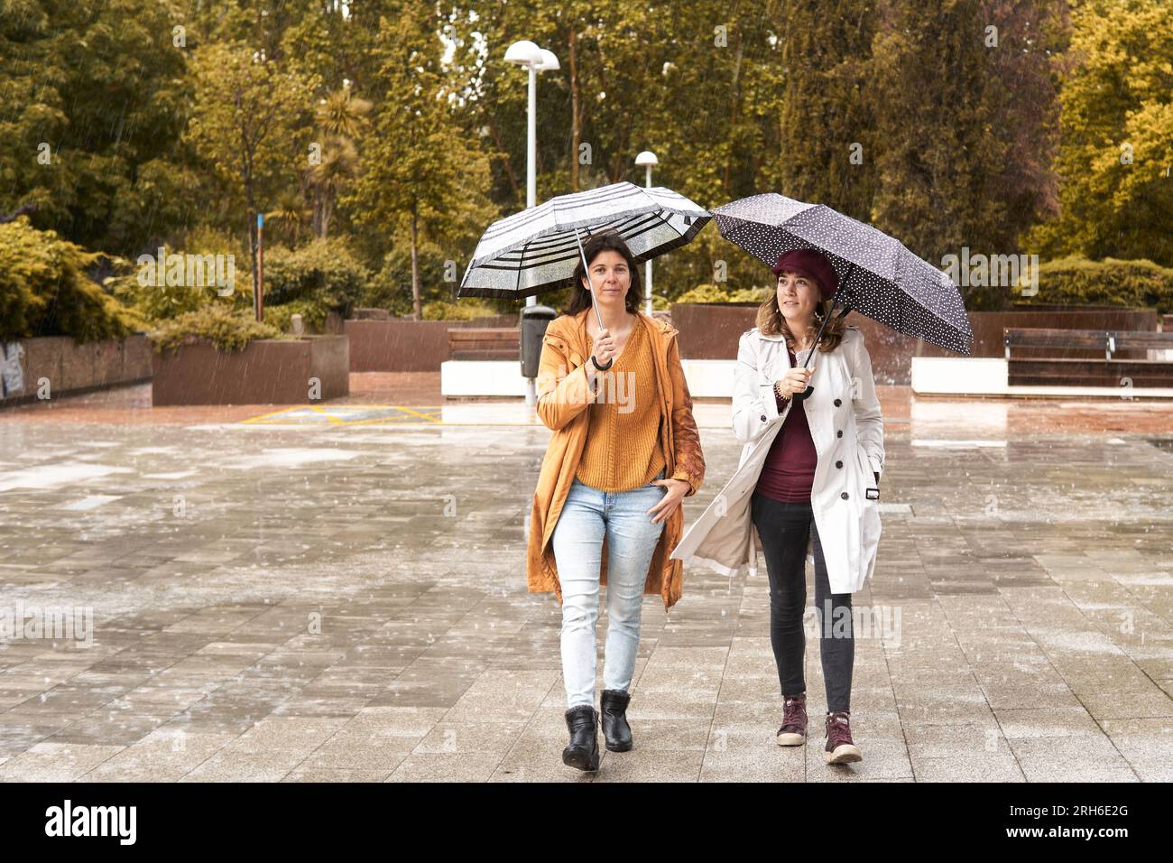 Middle age women walking under the rain with umbrellas Stock Photo