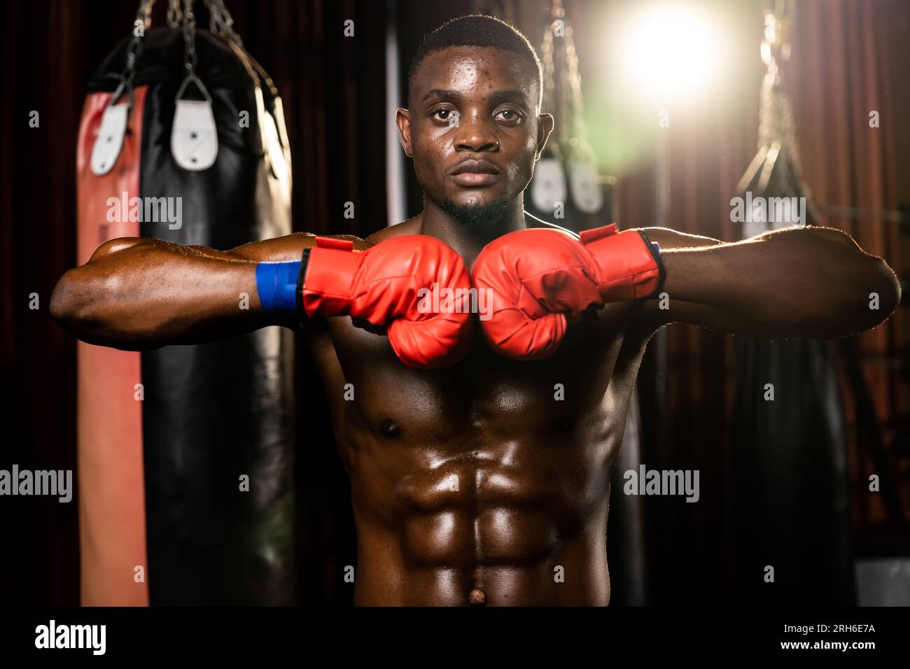 Boxing fighter posing, African American Black boxer put his hand or