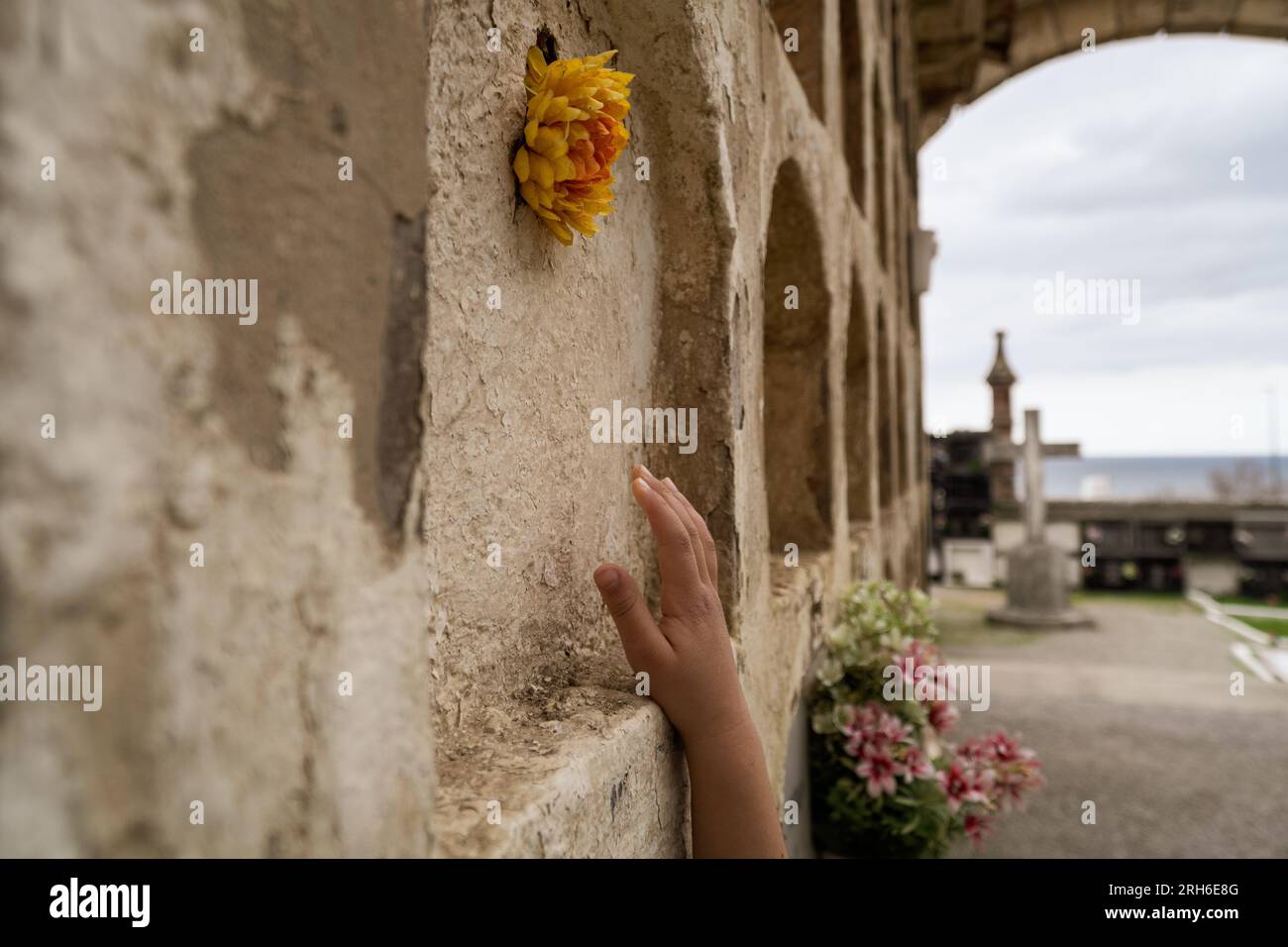 Child hand trying to reach a high flower on an abandoned cemetery tomb on a clowdy day Stock Photo