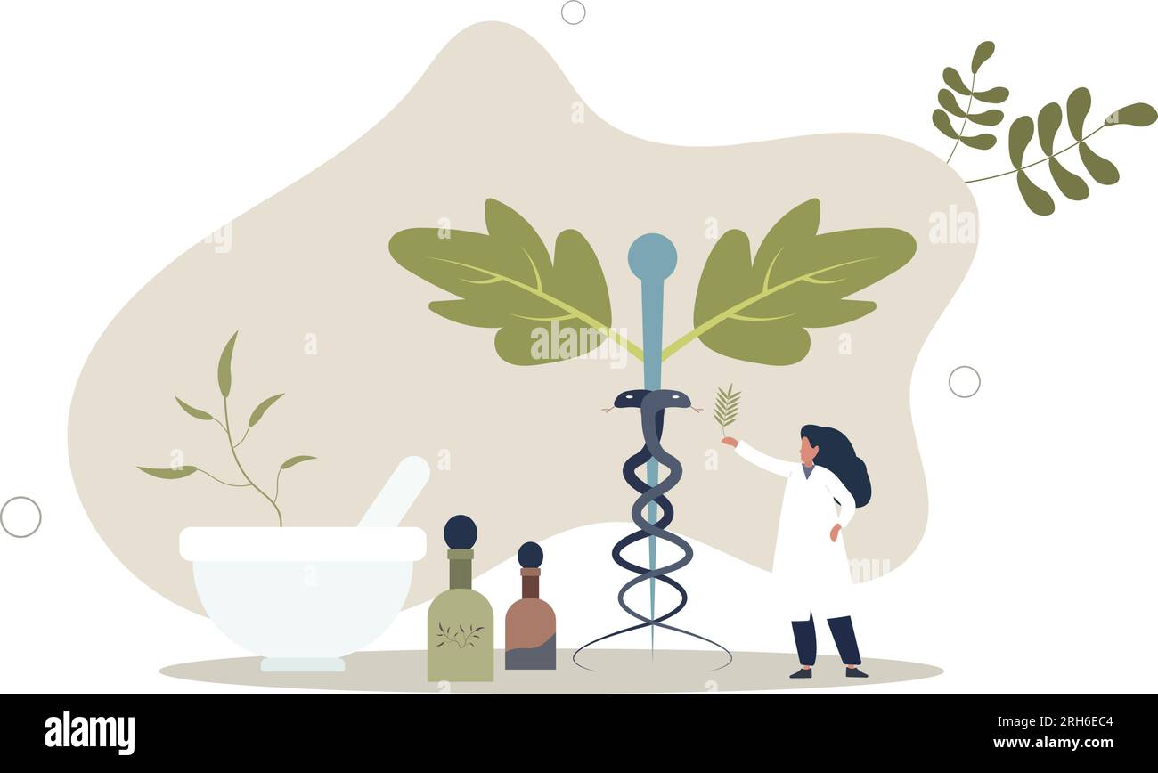 Phytotherapy or herbalism as plants usage for medication. Disease and illness prevention or treatment with natural herbal ingredients.flat vector illu Stock Vector