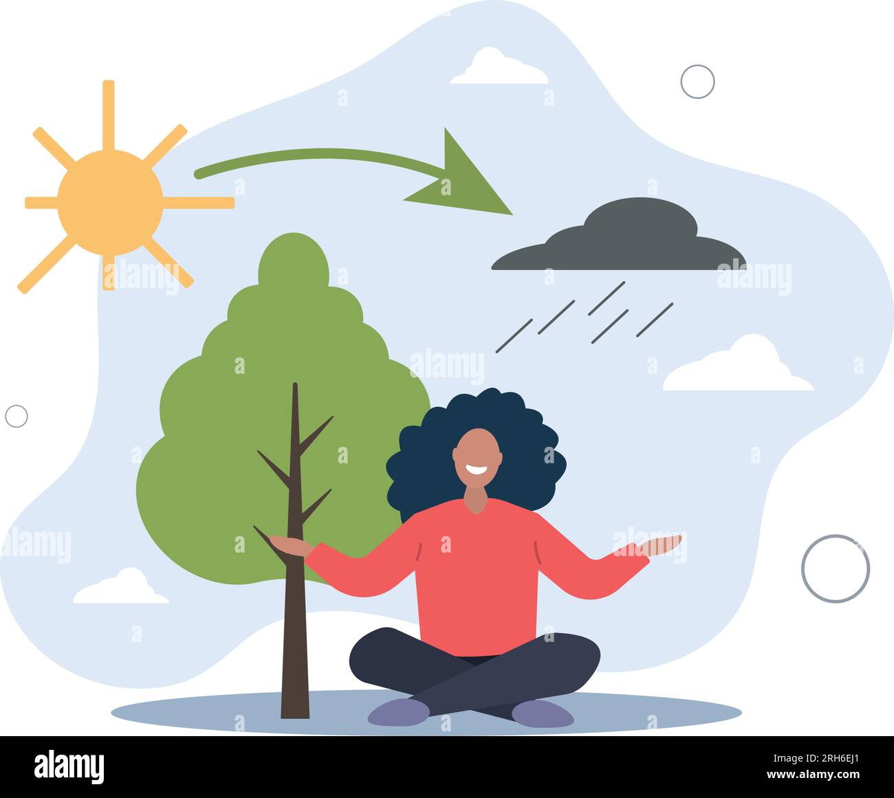 Seasonal affective disorder. Lack of sunshine and short daylight.woman in lotus position near tree. Stock Vector