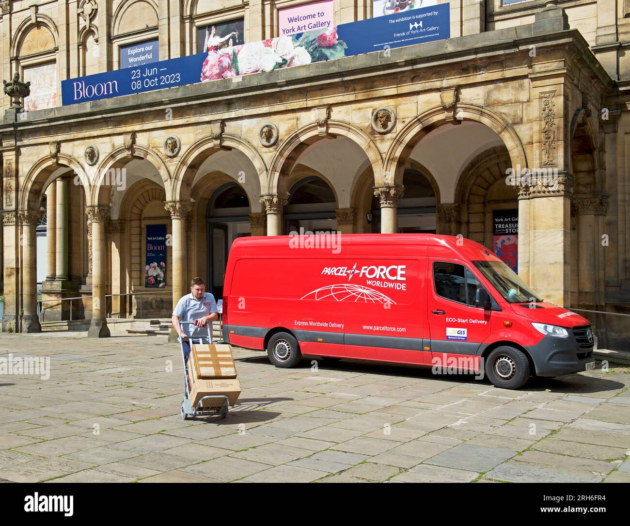 Parcelforce delivery van parked in front of the art gallery, York
