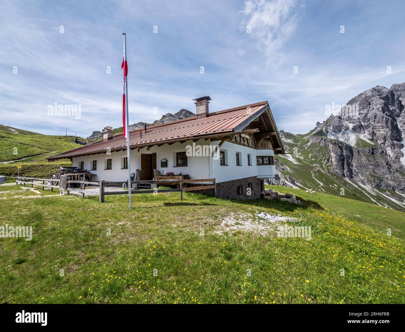 This is the privately owned Senn Hut mountain refuge on the Kreuzjoch in the Kalkkogel mountains above the village of Fulpmes in the Stubaital valley Stock Photo