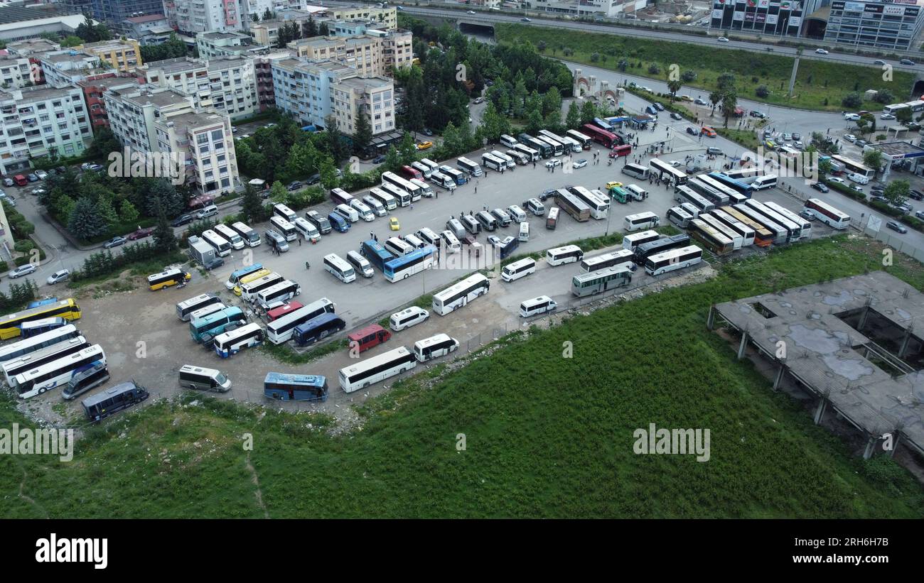 Aerial drone view of the North South bus terminal, one of 3 bus stations in Tirana, capital city of Albania Stock Photo