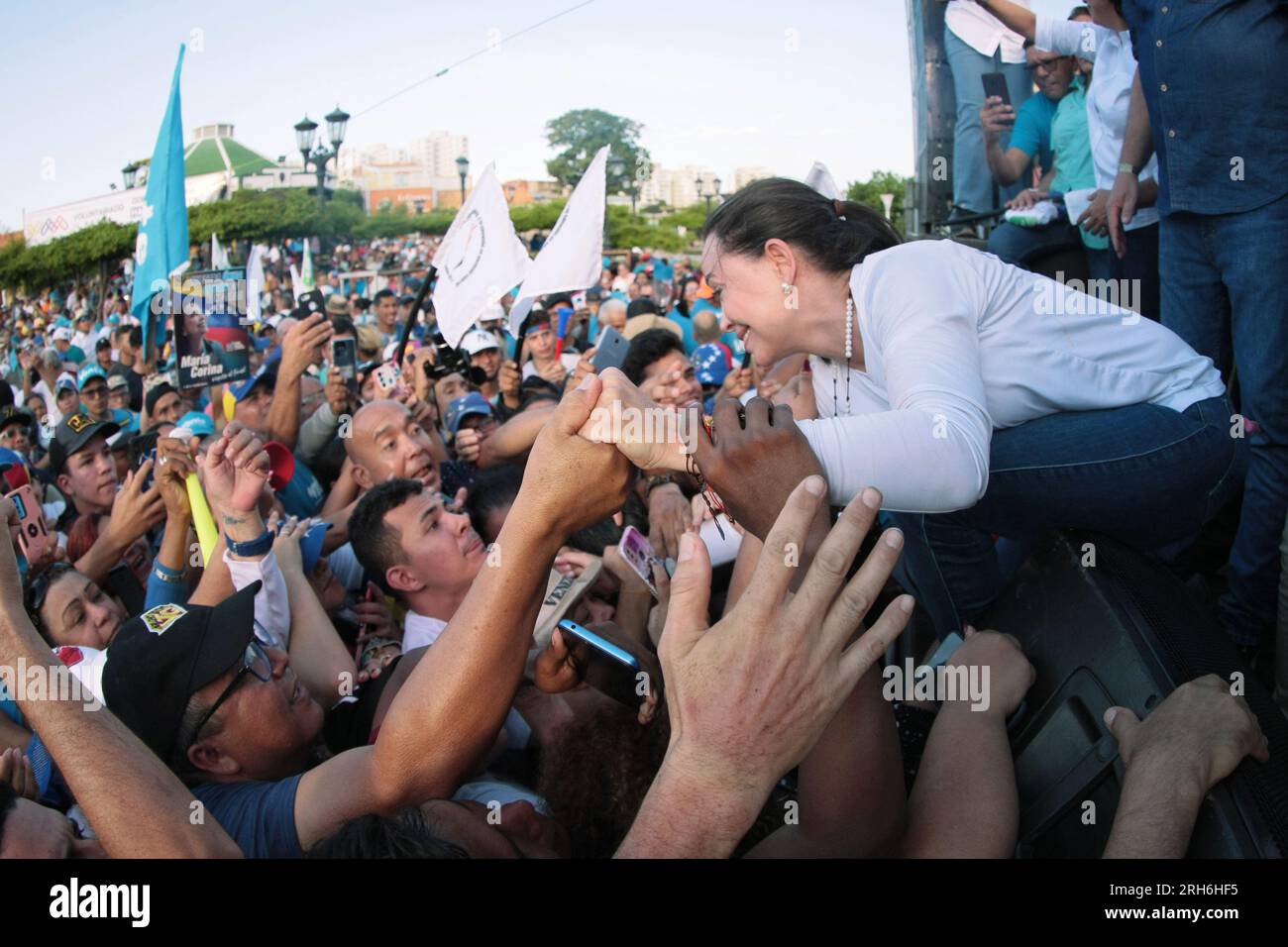 Maracaibo, Venezuela.11-08-2023.Maria Corina Machado greets her supporters after her speech at a rally for the presidential candidacy. Photo:Jose Bula Stock Photo
