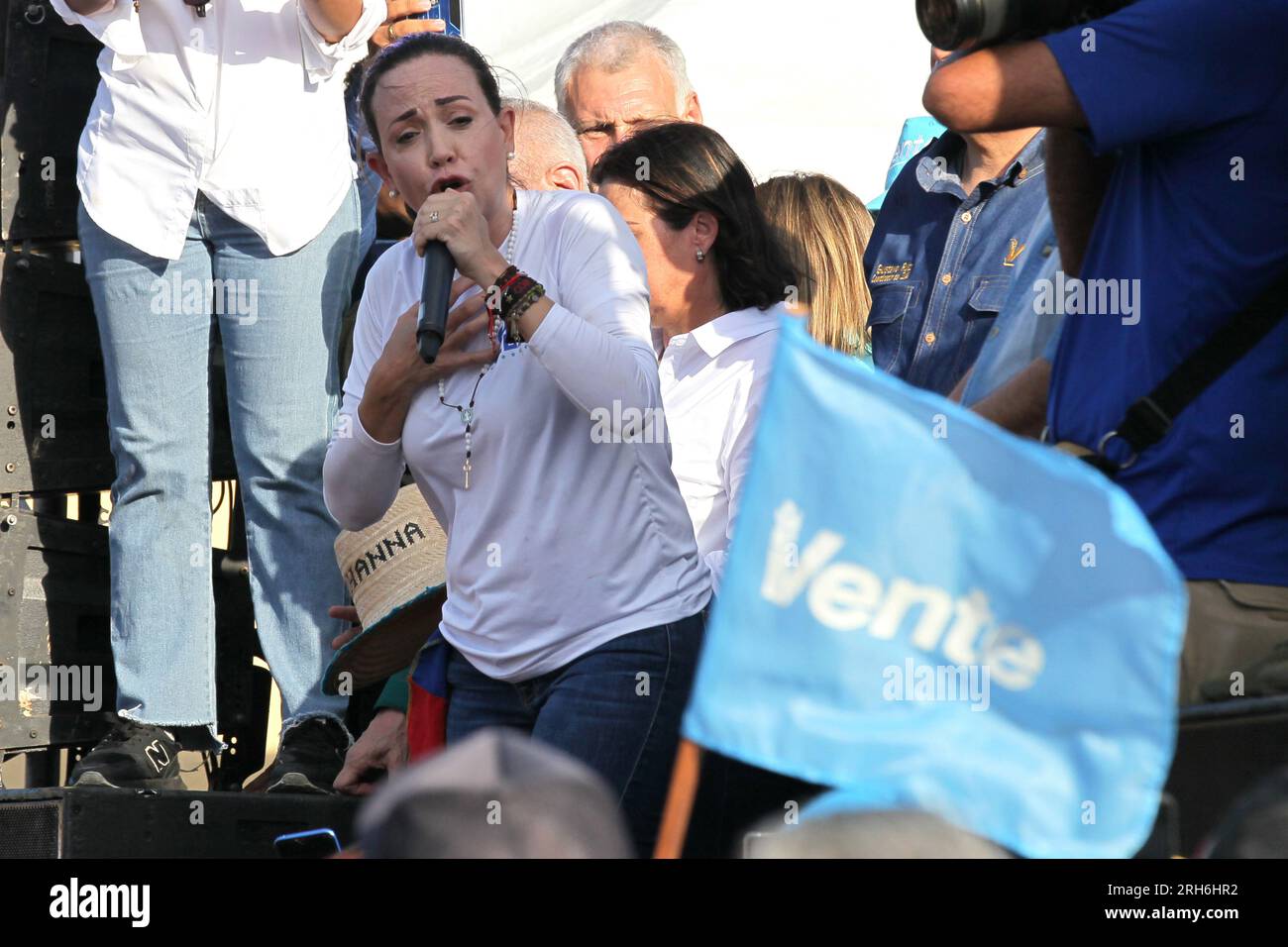 Maracaibo, Venezuela.11-08-2023.Maria Corina Machado greets her supporters after her speech at a rally for the presidential candidacy. Photo:Jose Bula Stock Photo