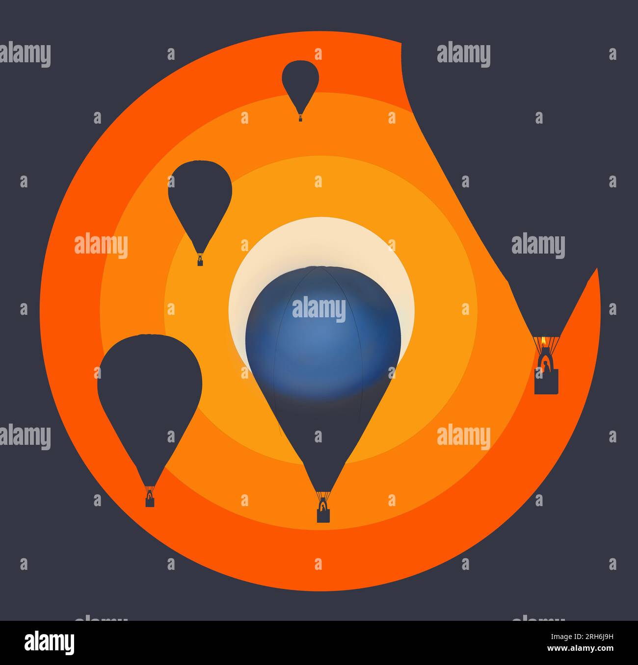 Hot air balloons float in the sky with a graphic design sunset of