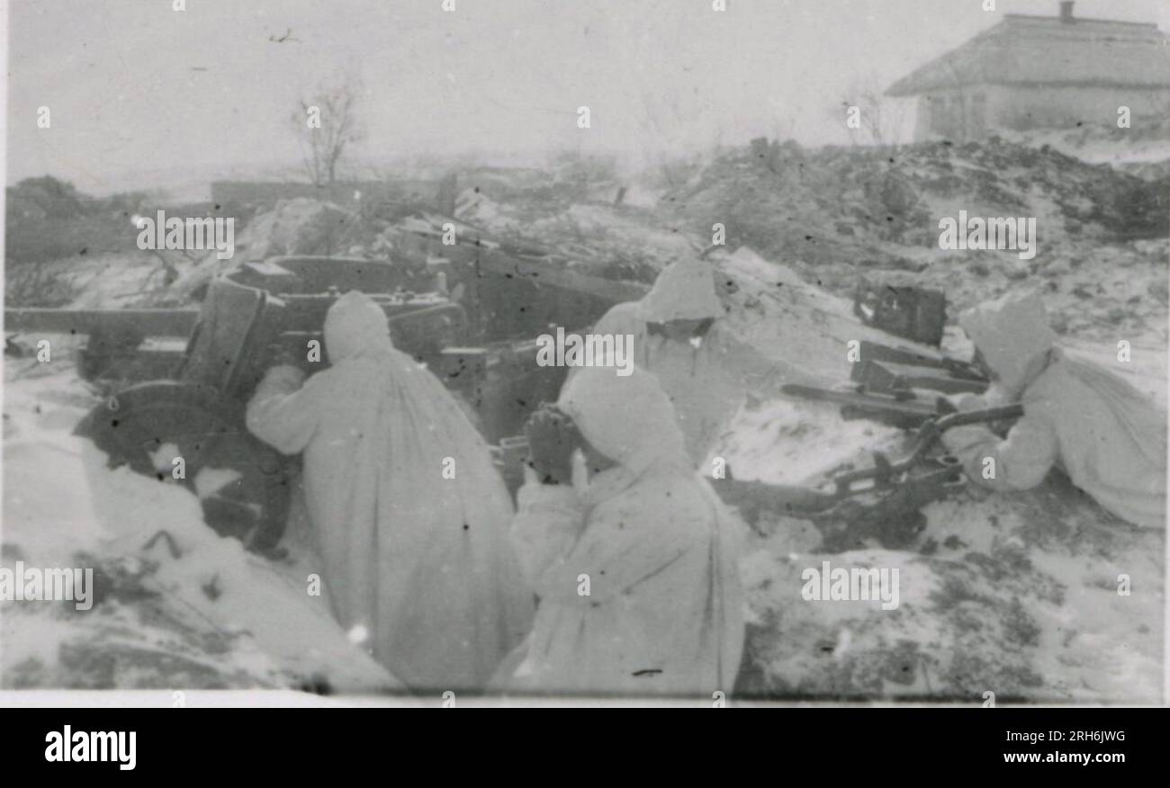 SS Photographer, Geyk  (Russia) Winter scenes - digging vehicles out of snow, fighting positions, clearing snow from airfield with JU-52 and JU-188; awards formation in field with Sepp Dietrich and other officers; soldier show; heavy artillery; destroyed city and port scenes; captured Russian tank with German flag; observation post; destroyed Sevastopol fortifications; field airfield with JU-52s; aerial views of landscape; fighting positions in mountainous terrain; several images of General Hermman Hoth; Nebelwerfer firing, Panzerkampfwagen 38(t) Stock Photo