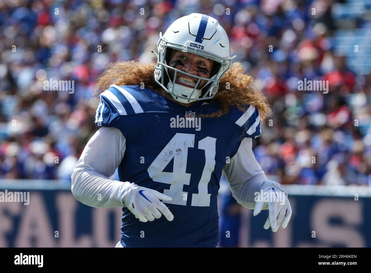 Indianapolis Colts linebacker Grant Stuard (41) runs off the field during  an NFL pre-season football game against the Buffalo Bills, Saturday, Aug.  12, 2023, in Orchard Park, N.Y. Buffalo defeated the Colts