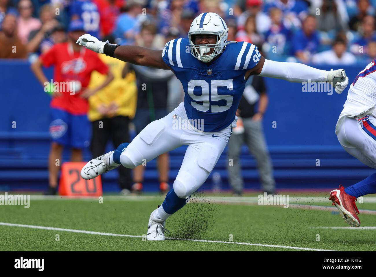 Indianapolis Colts defensive end Adetomiwa Adebawore (95) in action during  an NFL pre-season football game against the Buffalo Bills, Saturday, Aug.  12, 2023, in Orchard Park, N.Y. Buffalo defeated the Colts 23-19. (