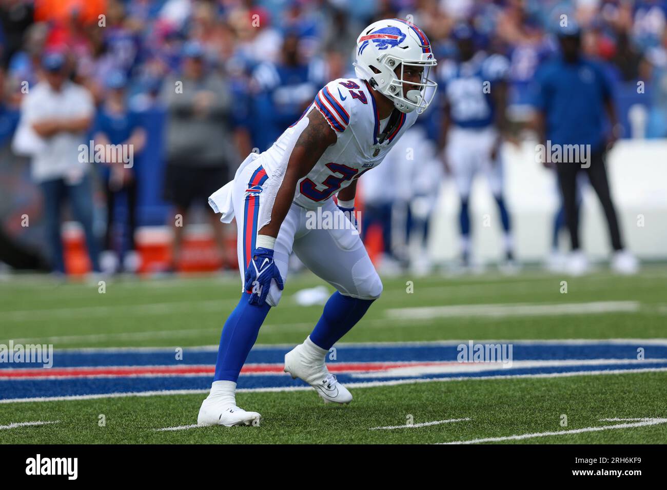 Buffalo Bills running back Darrynton Evans (37) walks on the field prior to  an NFL preseason football game against the Chicago Bears, Saturday, Aug.  26, 2023, in Chicago. (AP Photo/Kamil Krzaczynski Stock