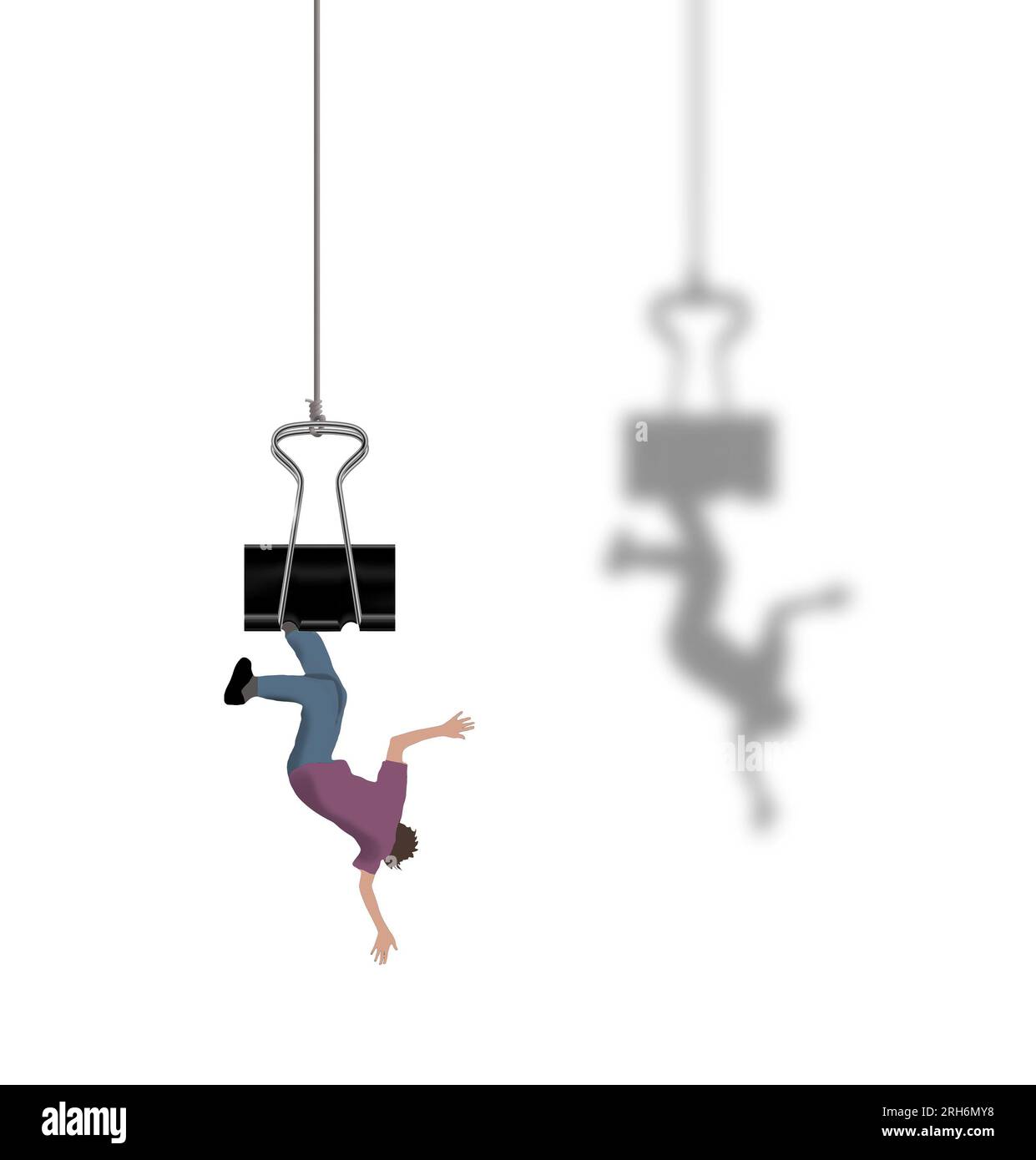 An office worker is hung out to dry on a paper clamp on a string in a 3-d illustration about office politics. Stock Photo