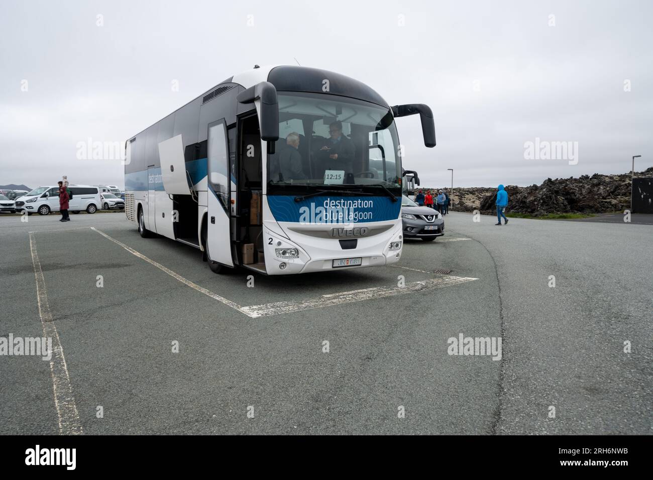 Grindavik, Iceland June 29, 2023 Tour bus shuttle taking tourists to