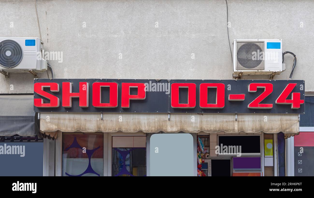 Red Sign Shop Double Zero Dash Twenty Four Non Stop Opening Hours Stock