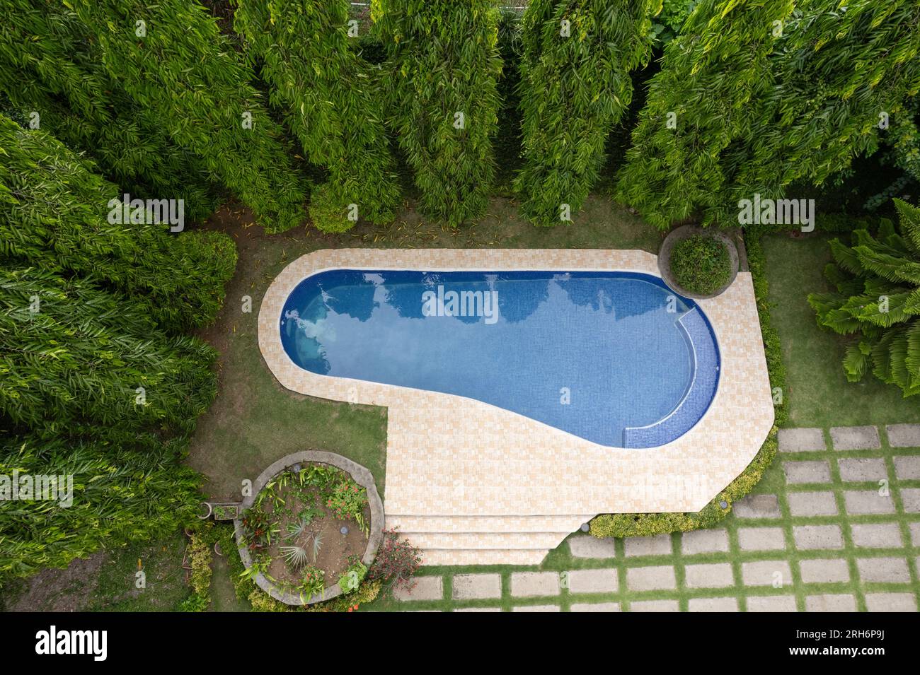Round swimming pool above top view in green house yard background Stock Photo