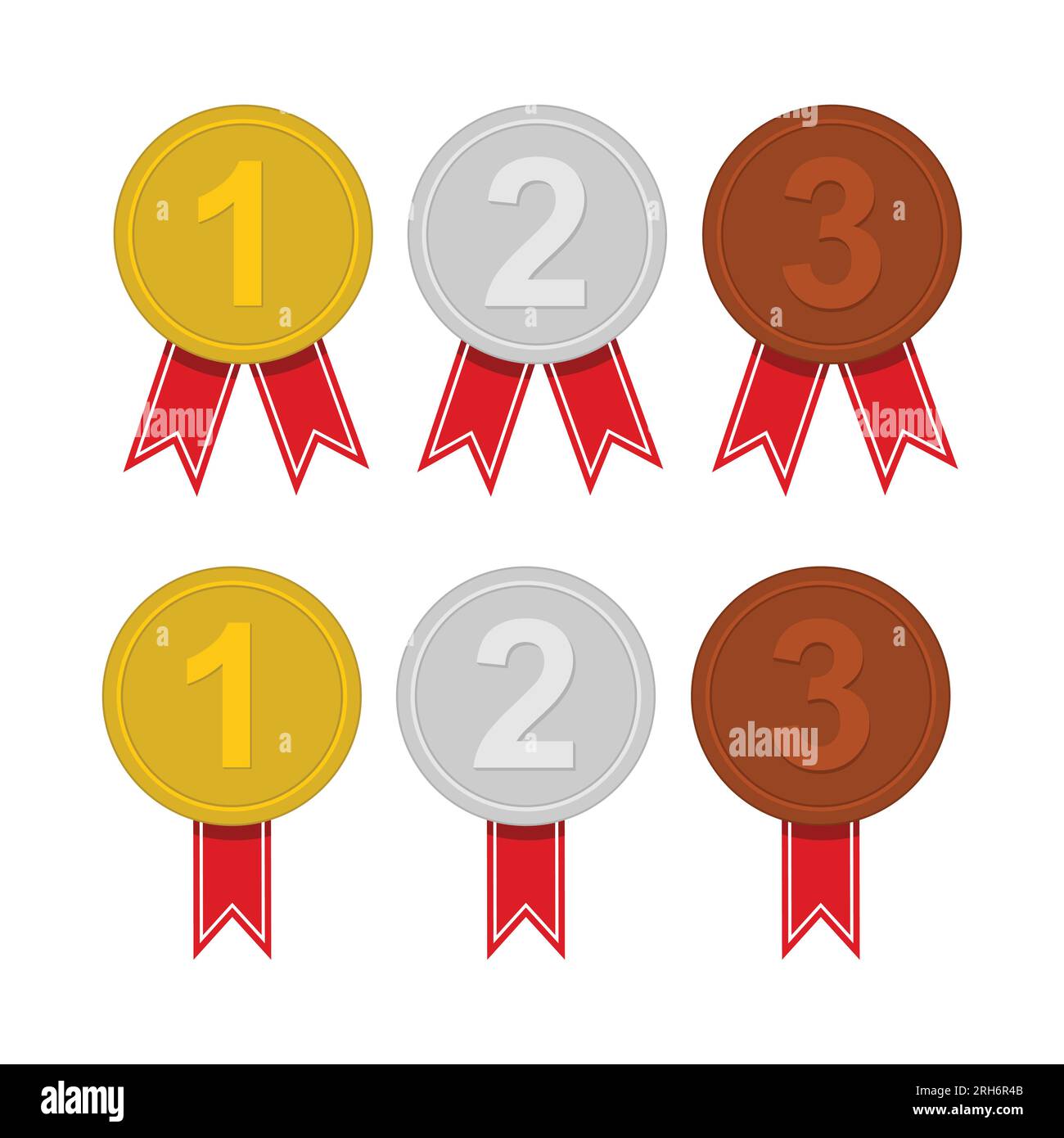 Set of Medal with red ribbon award badges in flat style Stock Vector