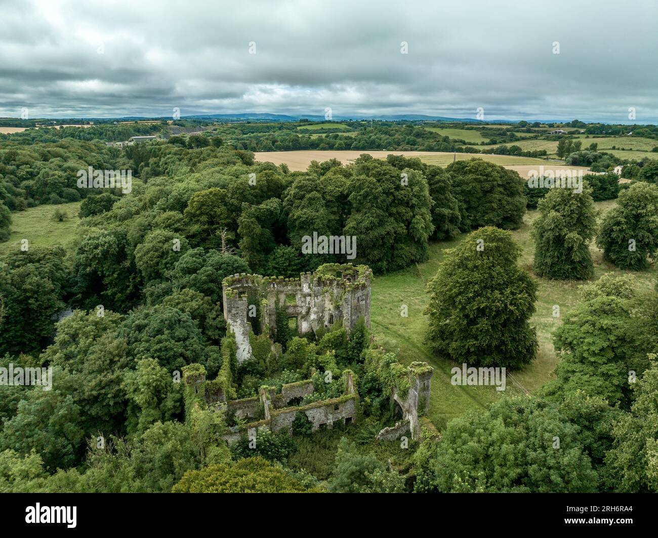 Aerial view of ruined and overgrown Buttevant or Barry's castle on the