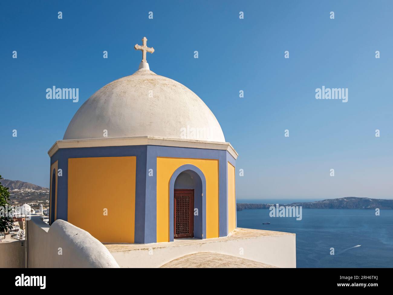 Sea view and Dome of Catholic Church of Saint Stylianos, Fira, Santorini, Greece Stock Photo