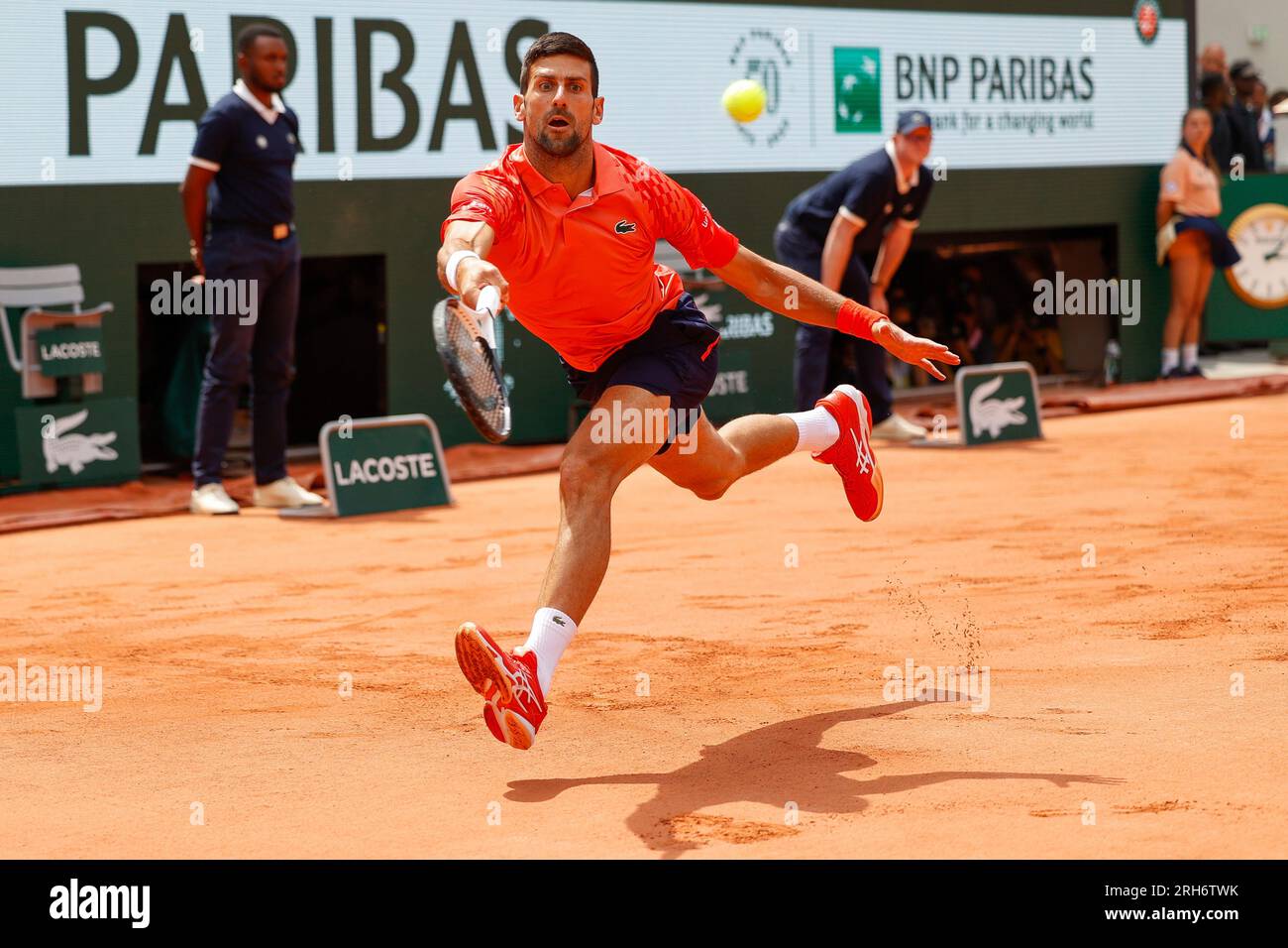 Serbian tennis player Novak Djokovic in action at the French Open 2023 tennis tournament at Roland Garros, Paris,France,Europe. Stock Photo