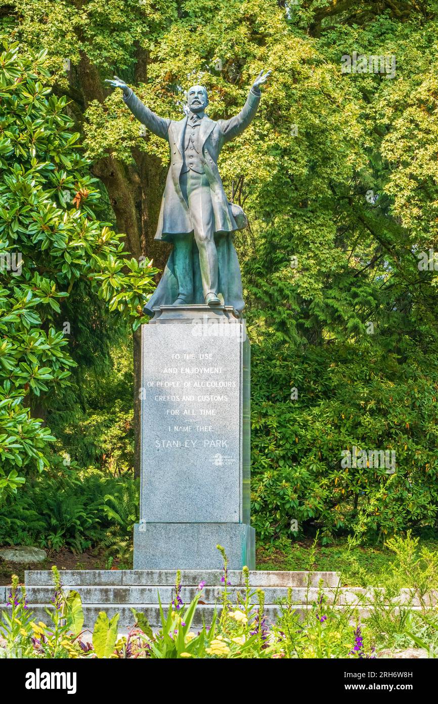Named in his honour, Lord Stanley opened Stanley Park in Vancouver October 1889.  The statue located in the park was unveiled in 1960 with the plinth Stock Photo