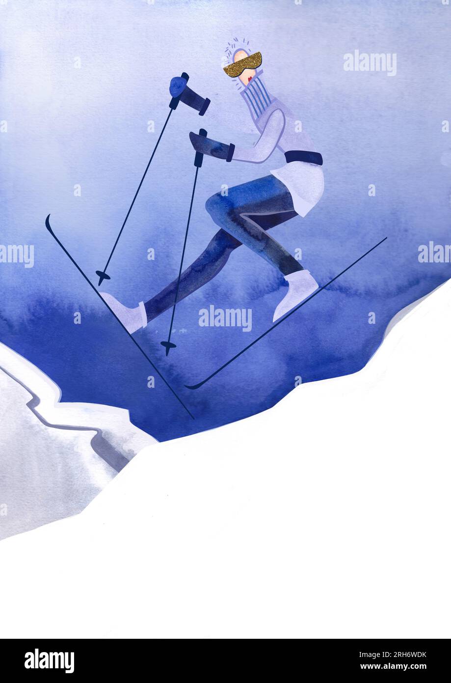 A3 watercolor poster with a skier at the resort. Postcard. Wall art. Mountain landscape. Holidays. Winter view. White and blue background. Rest. Inter Stock Photo
