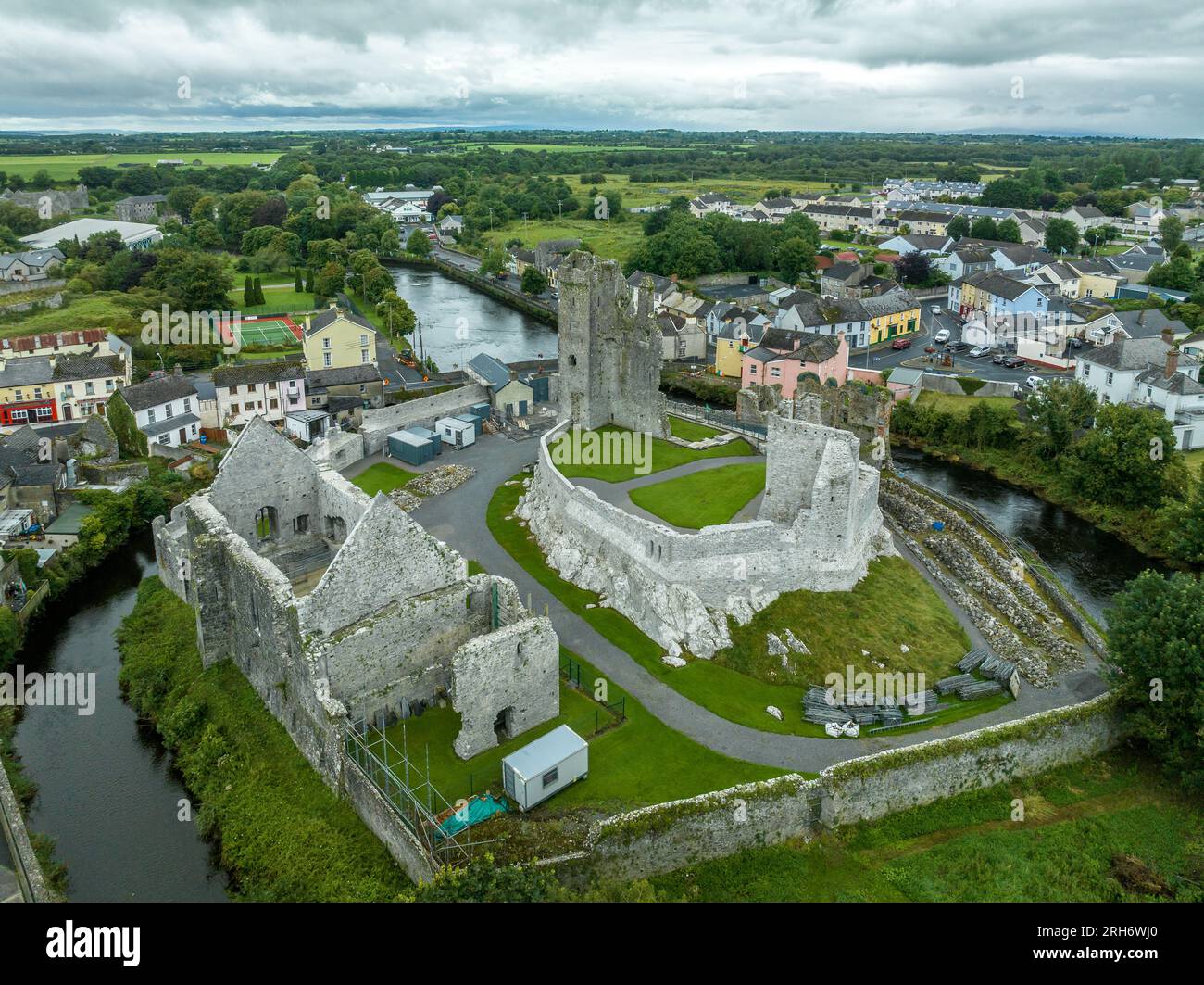 Aerial view of the Desmond castle in Askeaton Ireland in County Limerick on the river Deel, with Gothic Banqueting Hall, finest medieval secular build Stock Photo