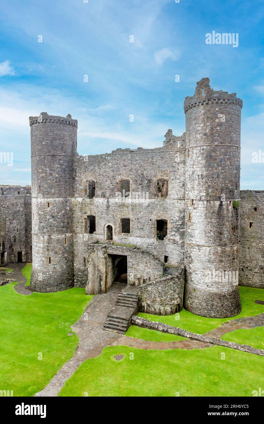 The walls, towers and entrance to a castle in Wales Stock Photo