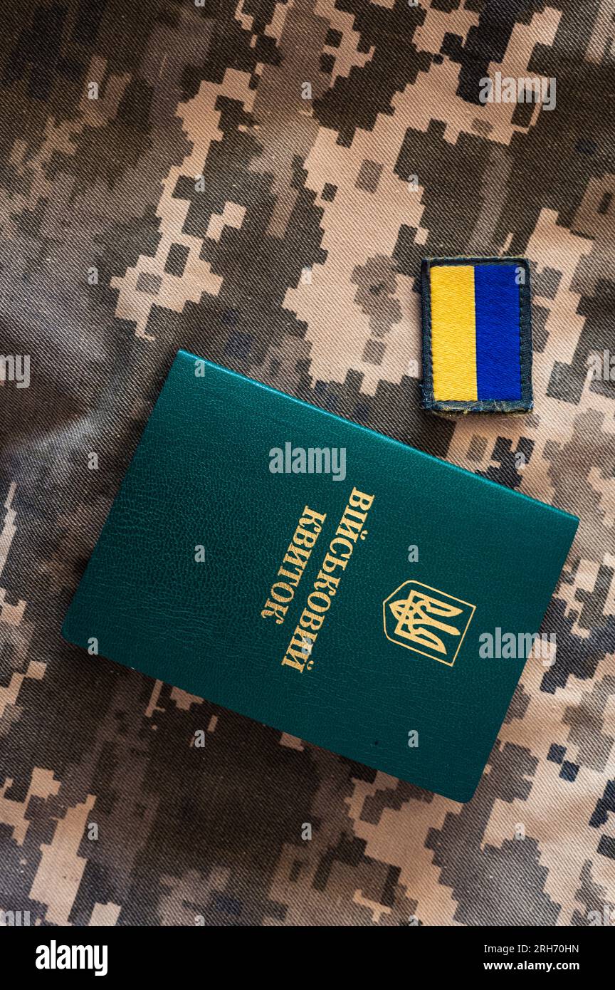 Ukrainian military id identity citizenship doc with flag icon on pixel camouflage background Stock Photo