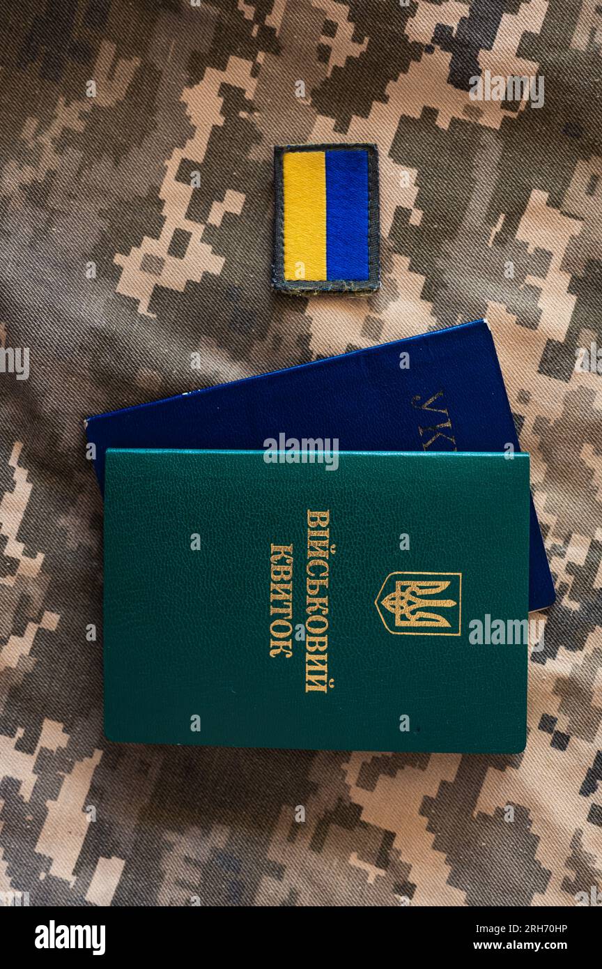 Ukrainian passport and military id identity citizenship doc with flag icon on pixel camouflage background Stock Photo