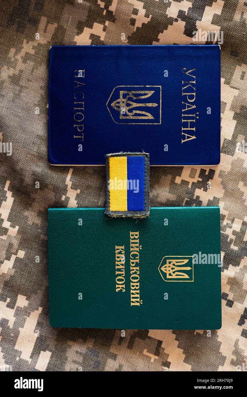 Ukrainian passport and military id identity card with flag of Ukraine. Pixel camouflage background Stock Photo
