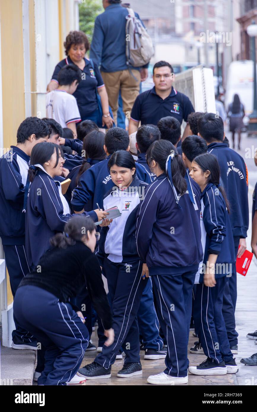 students on field trip to the National Museum of Archaeology, Anthropology and History of Peru, Lima, Peru Stock Photo