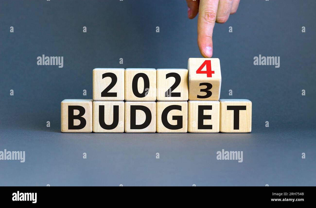 Planning 2024 budget new year symbol. Businessman turns a wooden cube
