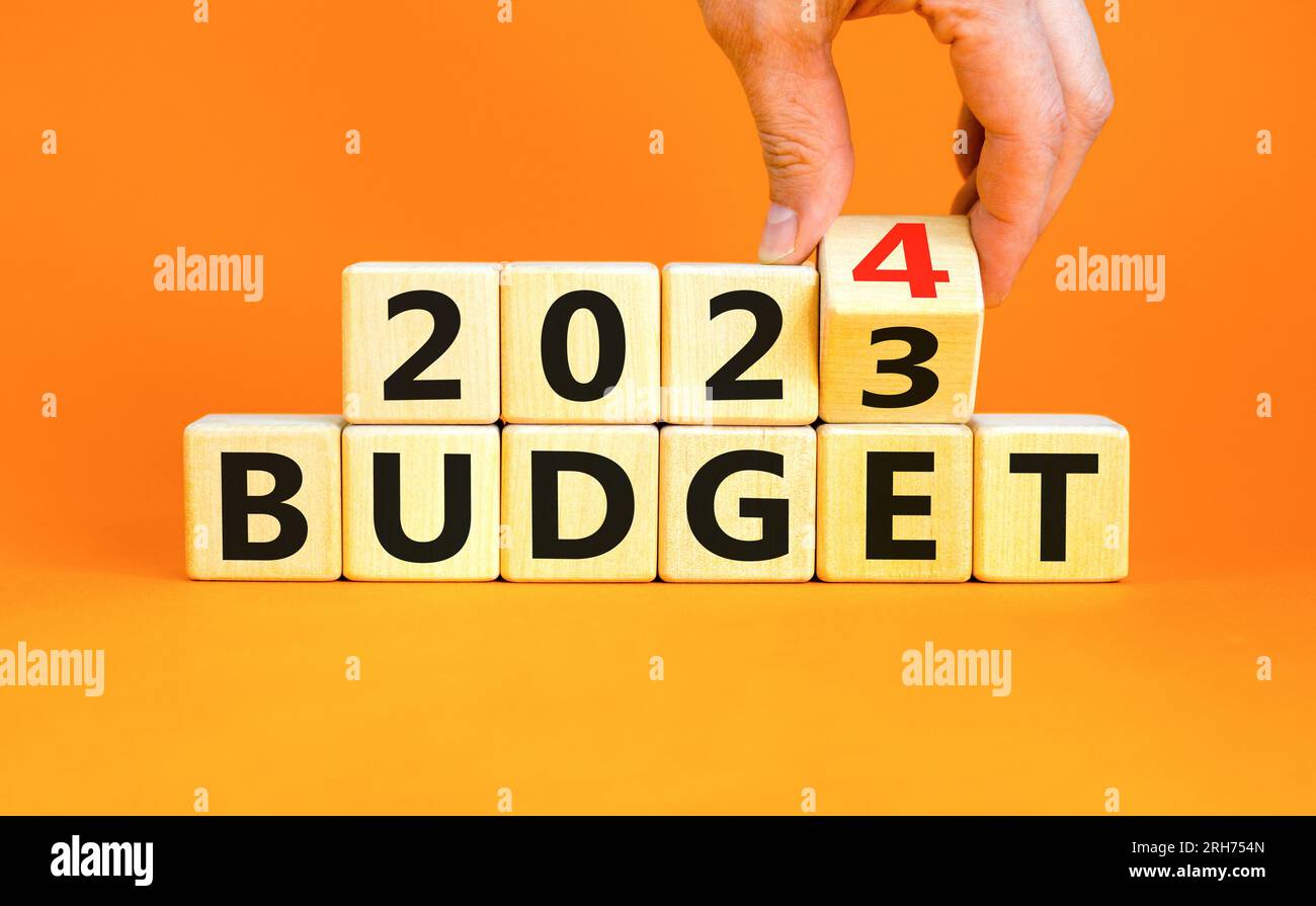 Planning 2024 budget new year symbol. Businessman turns a wooden cube