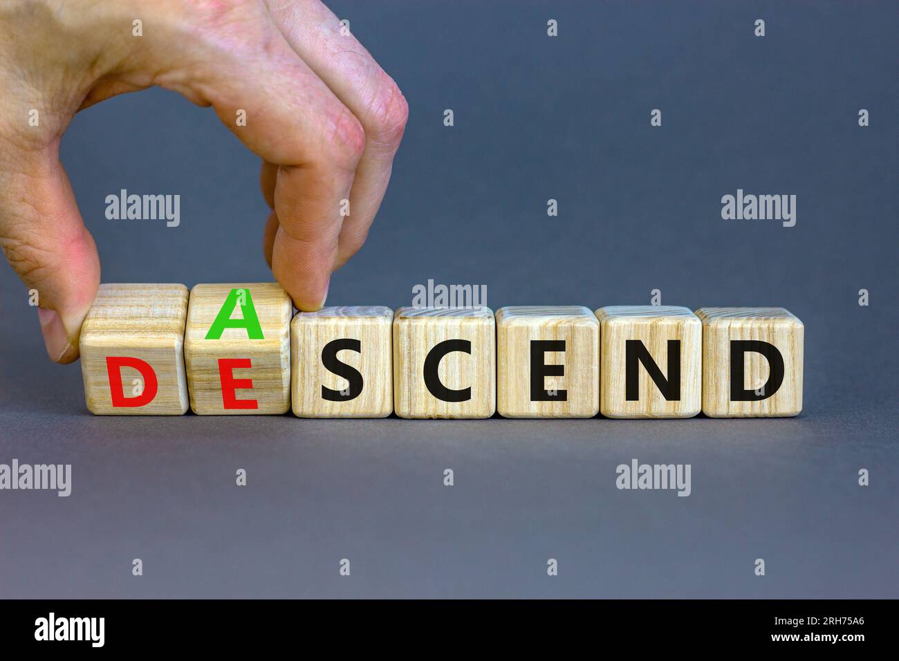 Ascend or descend symbol. Concept words Ascend and Descend on wooden