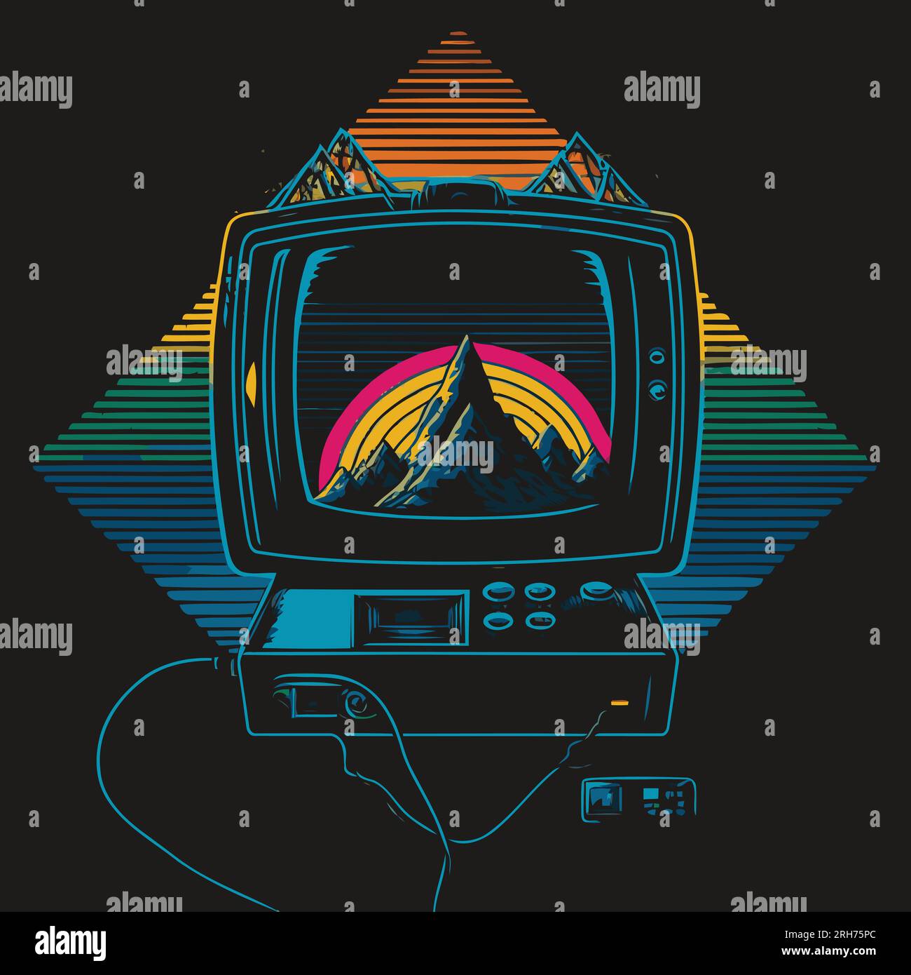 Isolated Line Drawing of a Vintage CRT Television and VCR Showing Mountains & Rainbow. Vector Art. Retro Pixelart, Sci-Fi, Video Game Style. Stock Vector