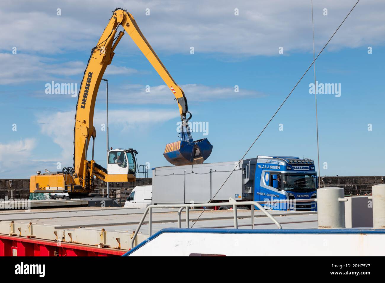 Buckie Harbour, Buckie, Moray, UK. 14th Aug, 2023. This is the General Cargo Ship Samira offloading its large supply of Grain at Buckie Harbour. Credit: JASPERIMAGE/Alamy Live News Stock Photo