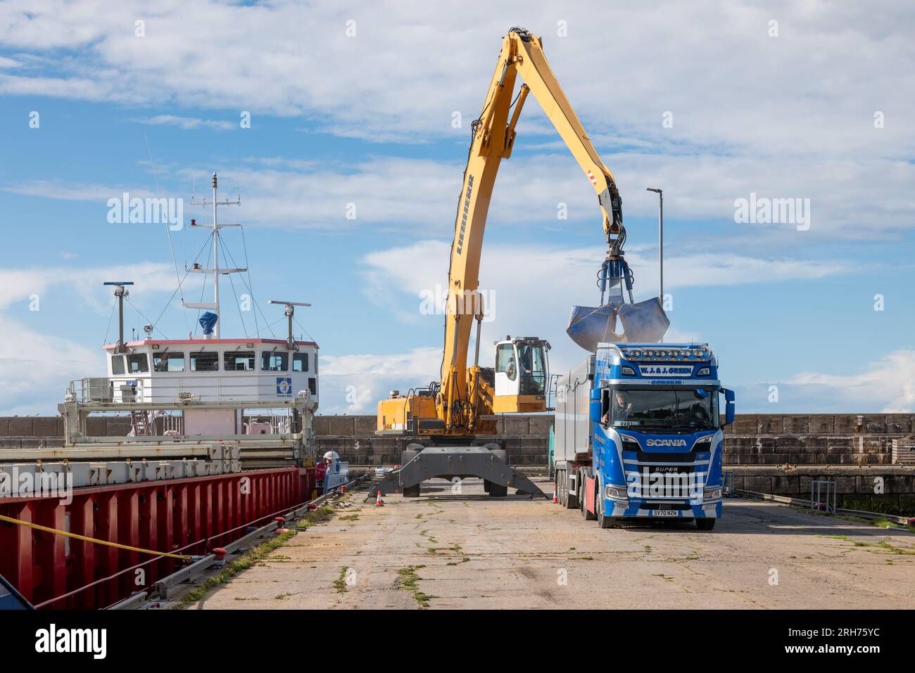 Buckie Harbour, Buckie, Moray, UK. 14th Aug, 2023. This is the General Cargo Ship Samira offloading its large supply of Grain at Buckie Harbour. Credit: JASPERIMAGE/Alamy Live News Stock Photo