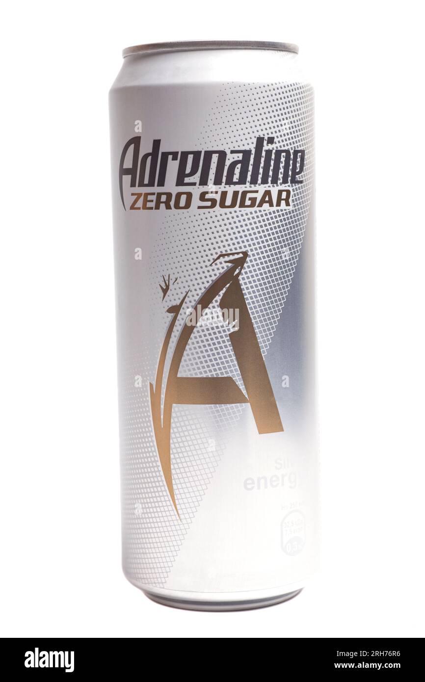 Moscow, Russia, August 05, 2023: Non-alcoholic energy drink Adrenaline ...