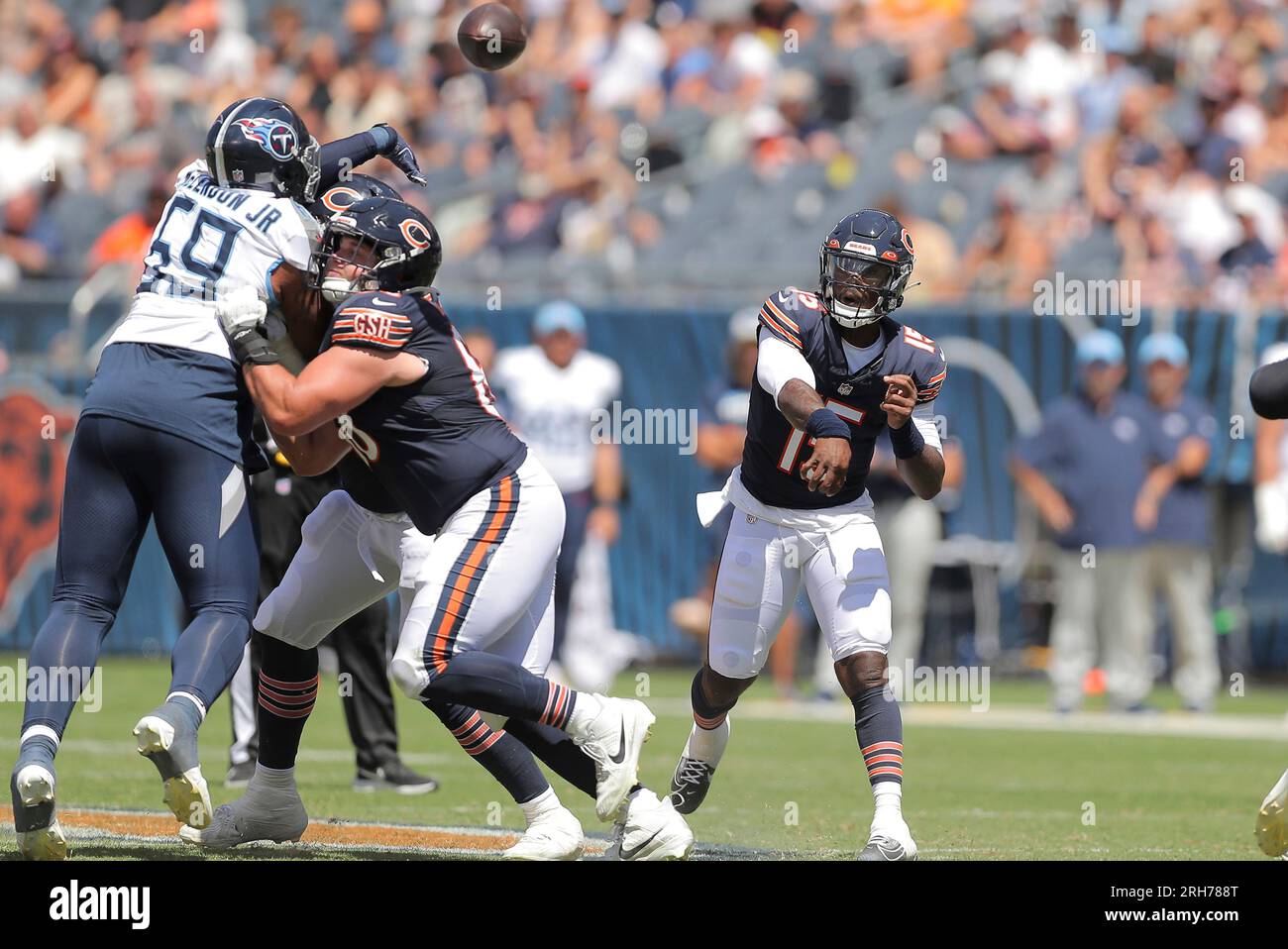 Chicago Bears quarterback P.J. Walker (15) drops back in the pocket during  an NFL football game against the Indianapolis Colts, Saturday, Aug. 19,  2023, in Indianapolis. (AP Photo/Zach Bolinger Stock Photo - Alamy