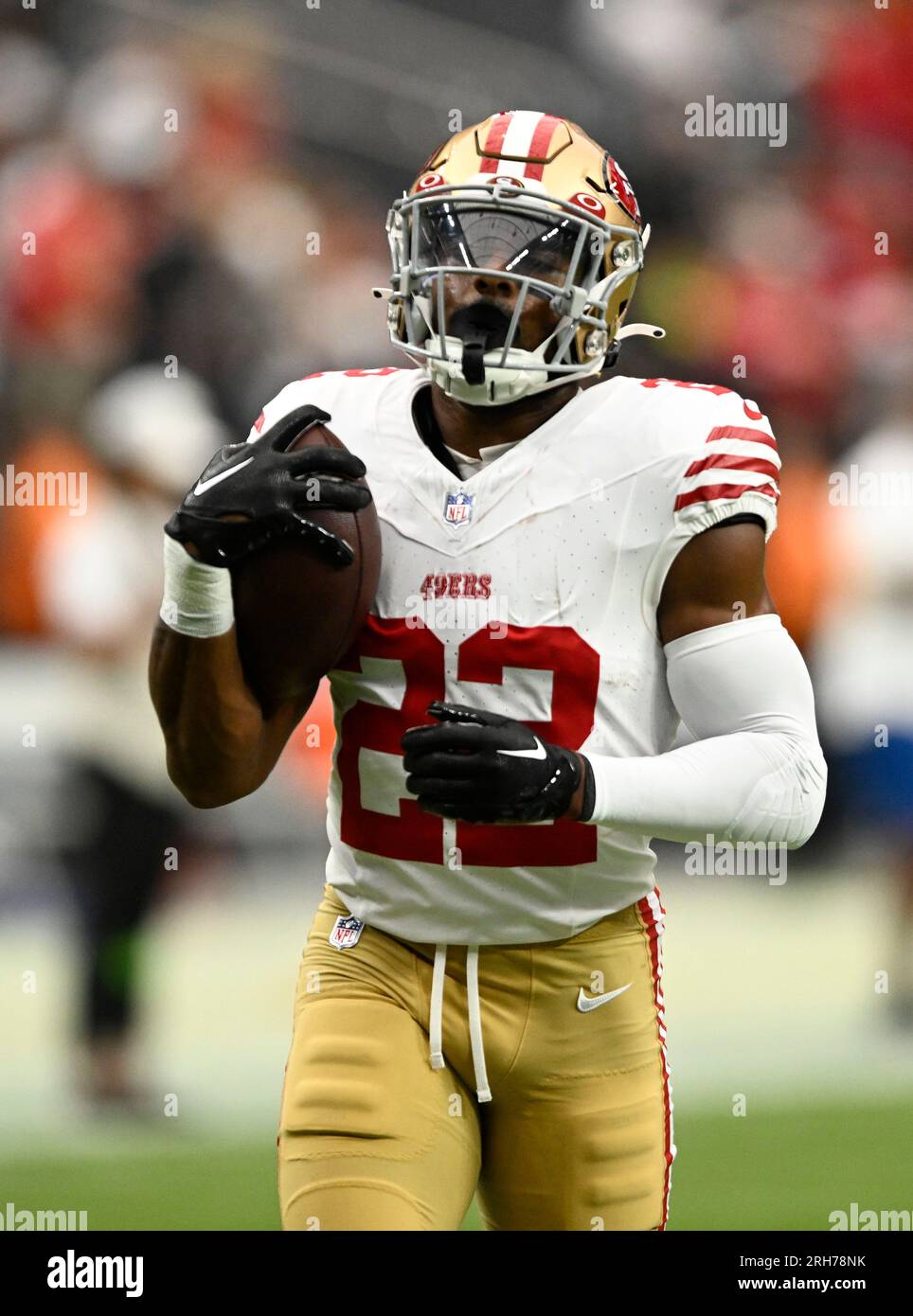 San Francisco 49ers cornerback D'Shawn Jamison #22 plays during a  pre-season NFL football game against the Las Vegas Raiders Sunday, Aug. 13,  2023, in Las Vegas. (AP Photo/Denis Poroy Stock Photo 