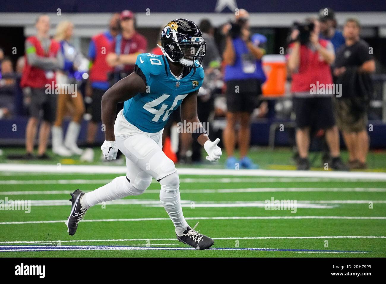 Jacksonville Jaguars cornerback Erick Hallett (40) pursues a play on  defense against the Detroit Lions during an NFL pre-season football game,  Saturday, Aug. 19, 2023, in Detroit. (AP Photo/Rick Osentoski Stock Photo 